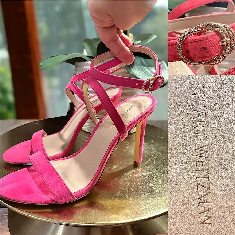 Stuart Weitzman Crystal Buckle 95 Suede Sandal Heels Size 8.5